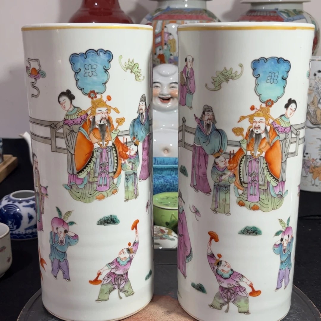 摆件粉彩帽筒全品一对