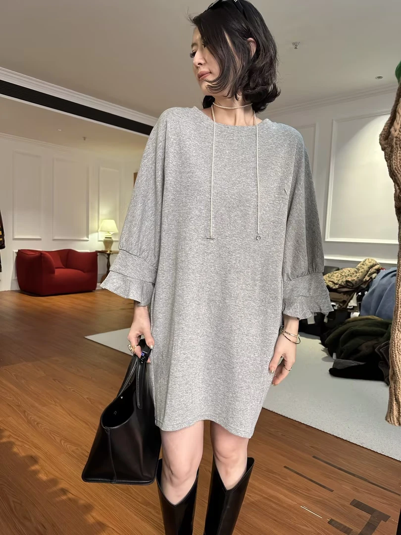 GU JIFEN｜时髦花边袖口宽松中长款连衣裙女 1189