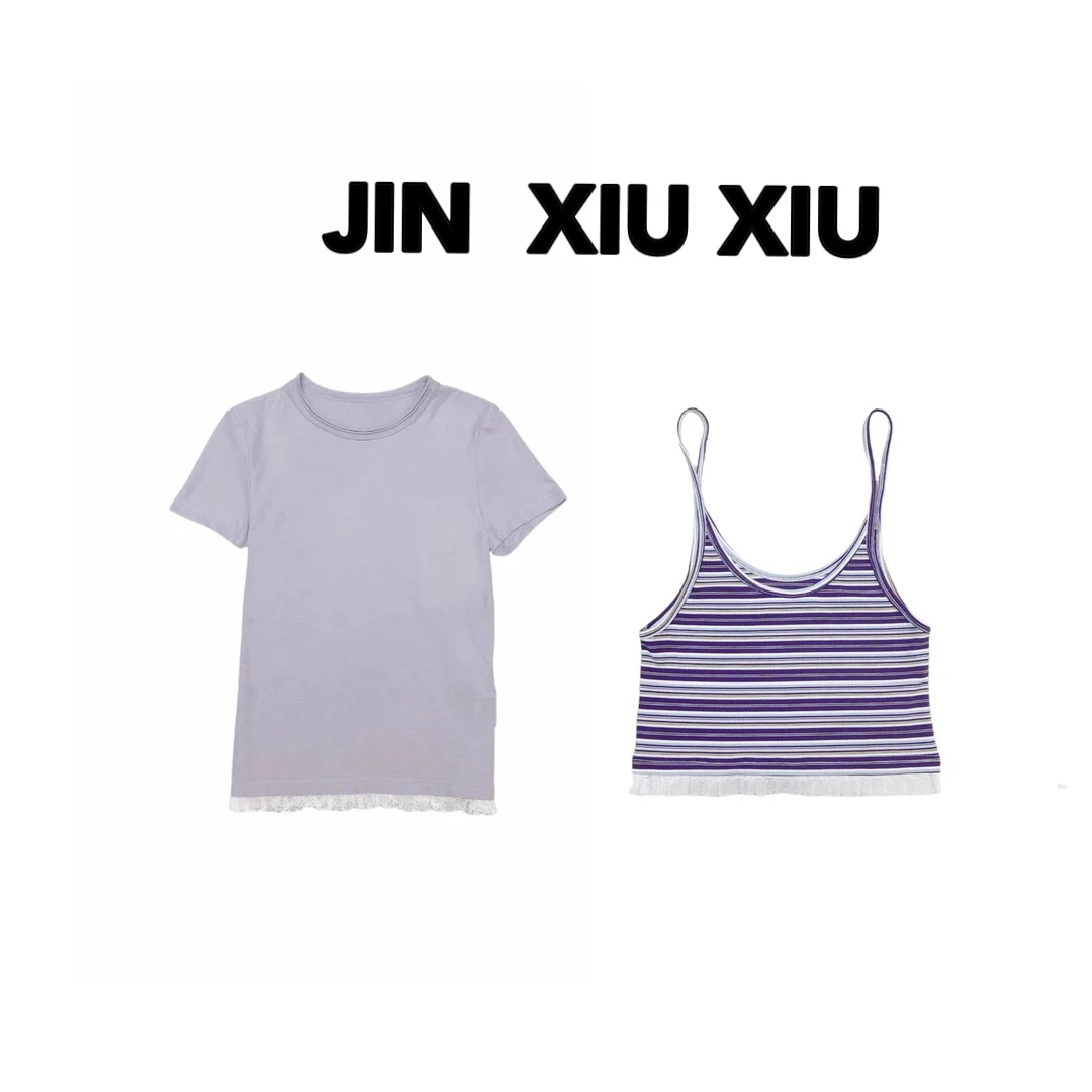 JINXIUXIU春夏新款设计感撞色蕾丝拼接两件套韩系甜美短袖T恤071
