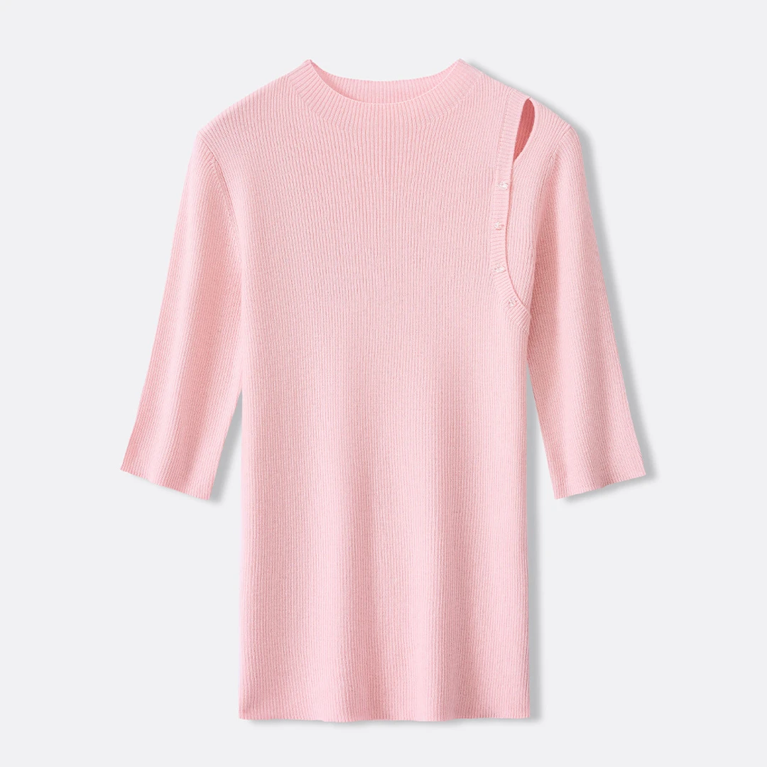 【妍妍粉丝专享】25春秋新款高级感镂空半高领短袖小个子针织衫女