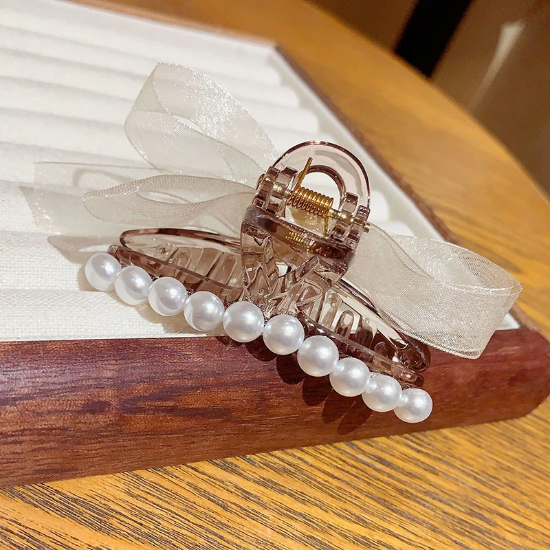 铜合金亚克力耳饰 日韩新款轻奢春夏蝴蝶结刘海夹珍珠女抓夹网纱