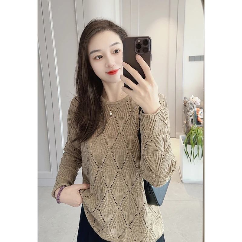 欧货洋气圆领套头衫重工菱形镂空长袖毛针织衫女初春温柔上衣毛衣
