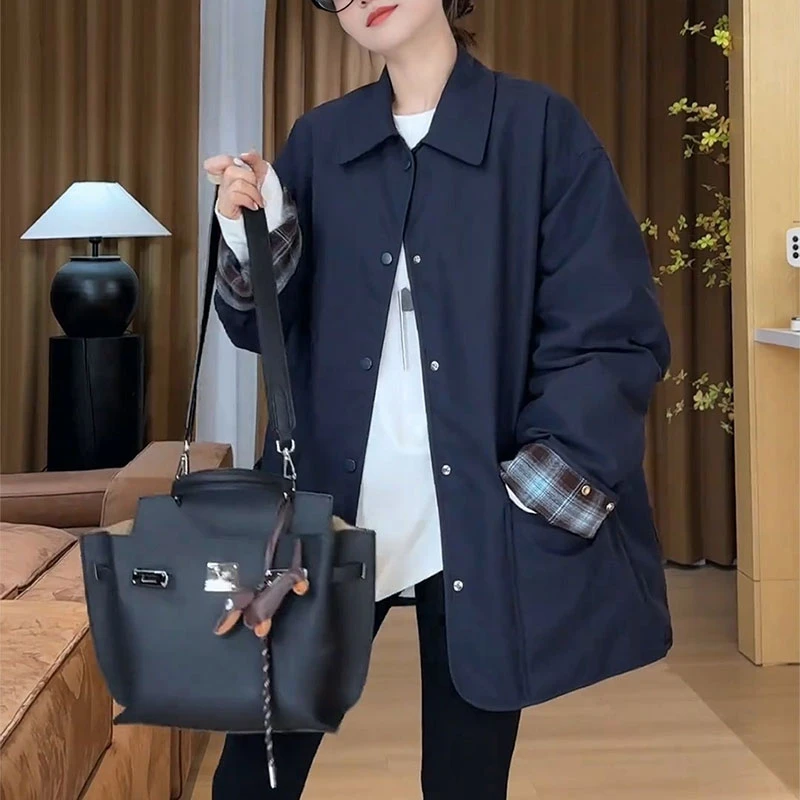 2025春新款撞色格纹小个子风衣外套女廓形宽松显瘦百搭英伦风大衣