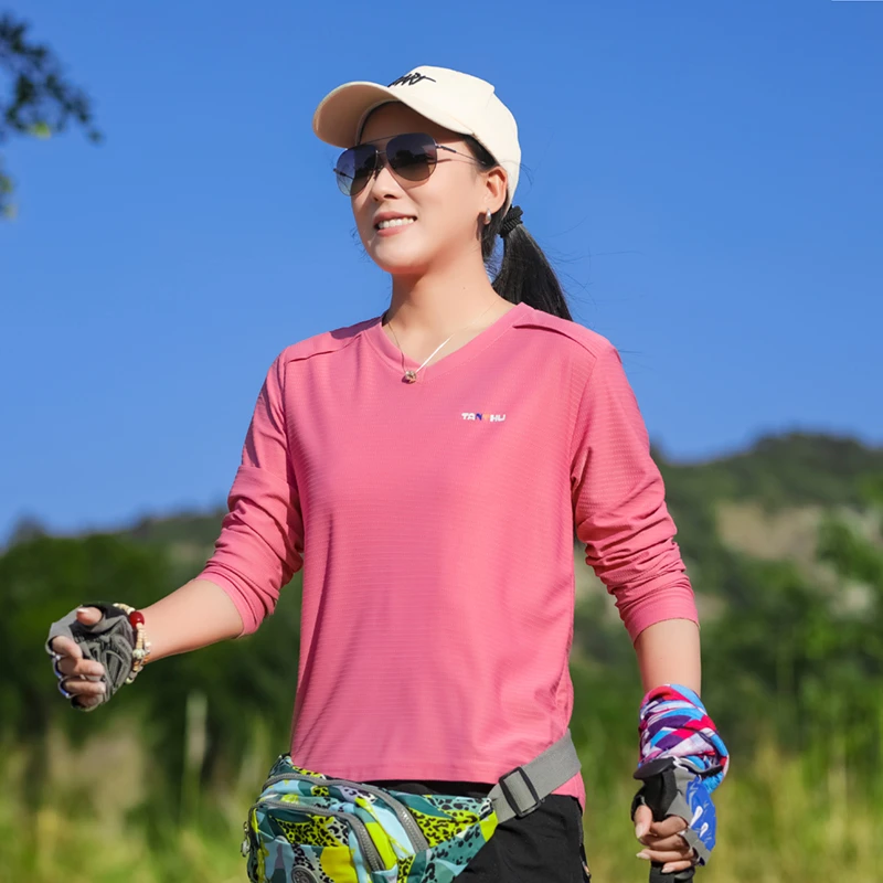 【新款上新】速干衣女长袖薄款V领修身爬山运动衣户外跑步圆领T恤