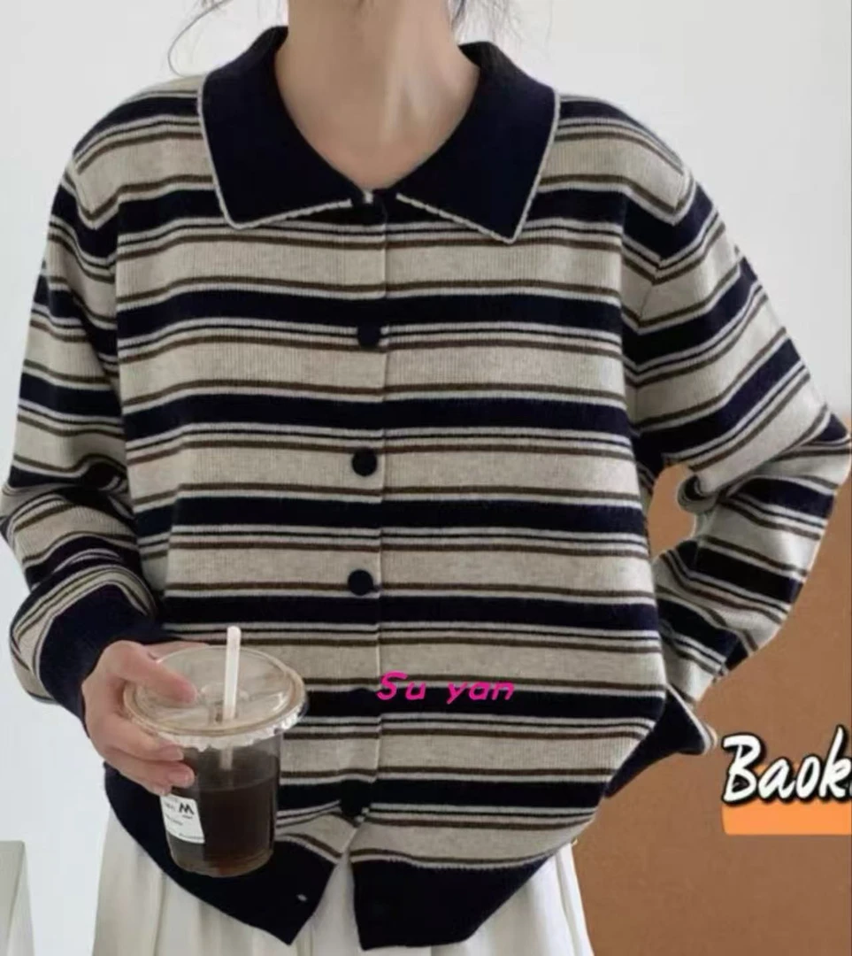 条纹POLO领开衫款秋季女毛针织衫毛衣长袖短款韩版H882