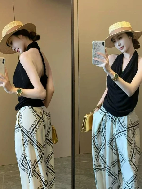 黑色不规则麻花挂脖荡领吊带背心女夏季辣妹风松弛感露背无袖上衣