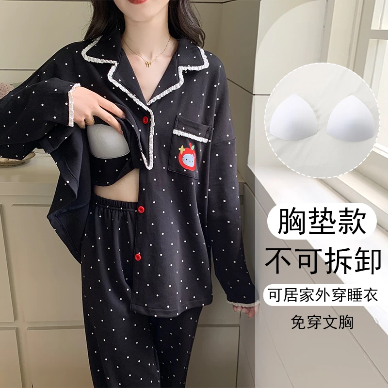 春秋长袖带胸垫睡衣女款爆款2025新款学生甜美风家居服套装可外穿