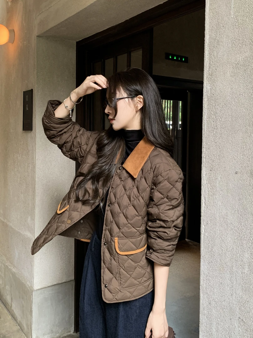 NINGLYNN STUDIO【松柏】翻领单排扣菱格宽松90羽绒服 360608