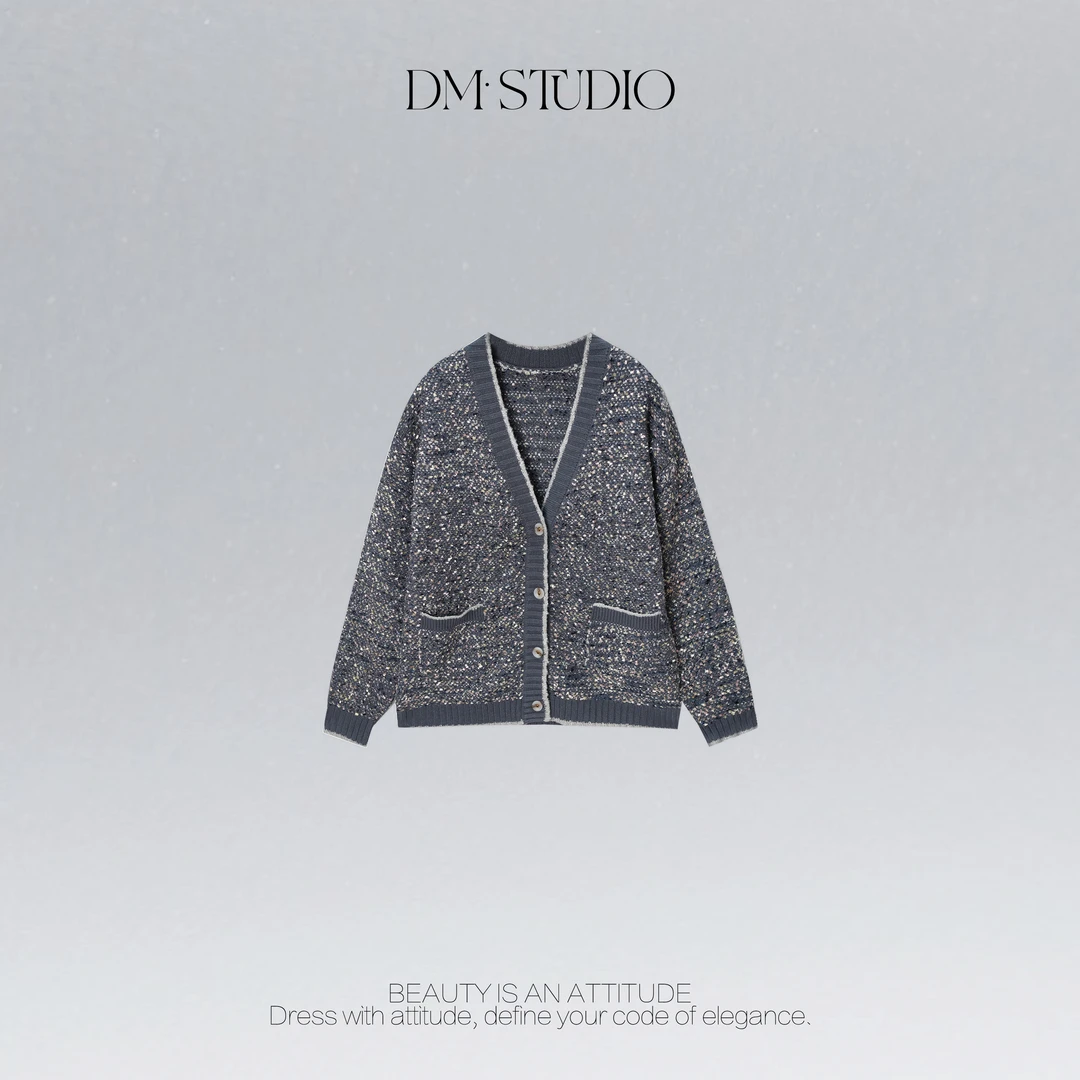 DEDM•STUDIO/精致感彩织V领休闲百搭针织撞色开衫2508ZZS/SZ61491