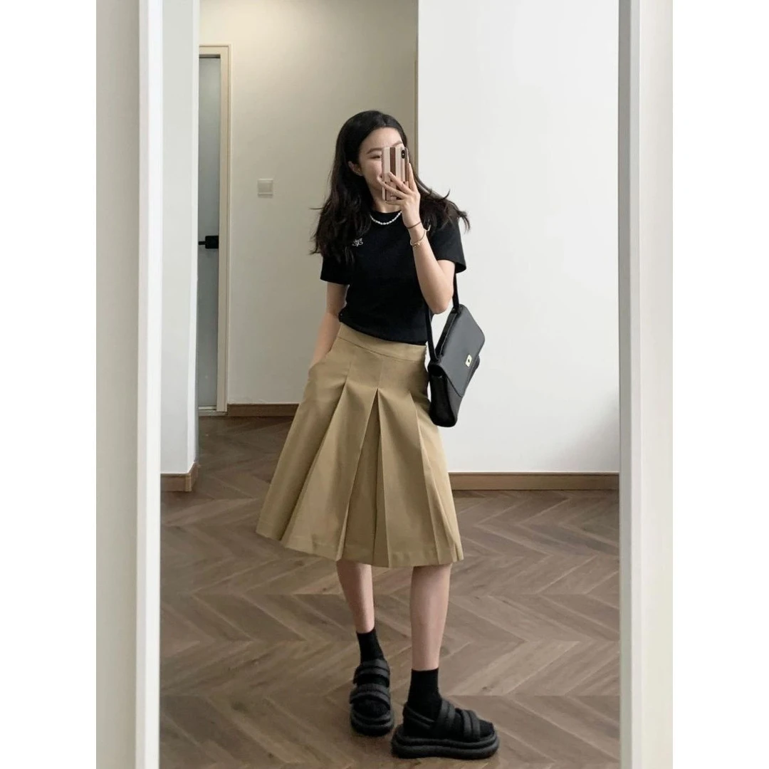 抗皱时髦知识分子风压褶半身裙女2025春夏季新款美式复古百褶裙子