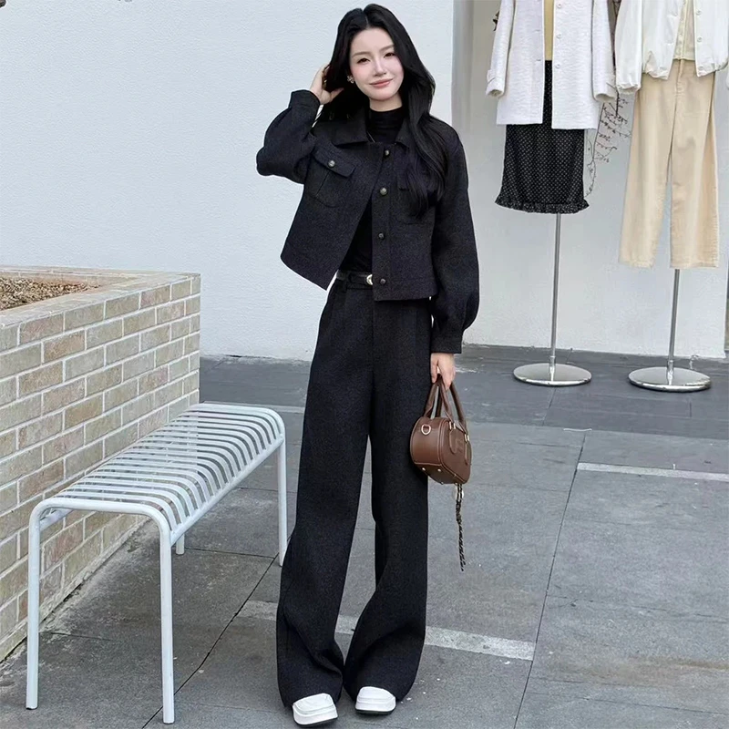La babite时尚套装2025秋冬季新款显瘦翻领短外套阔腿裤两件套