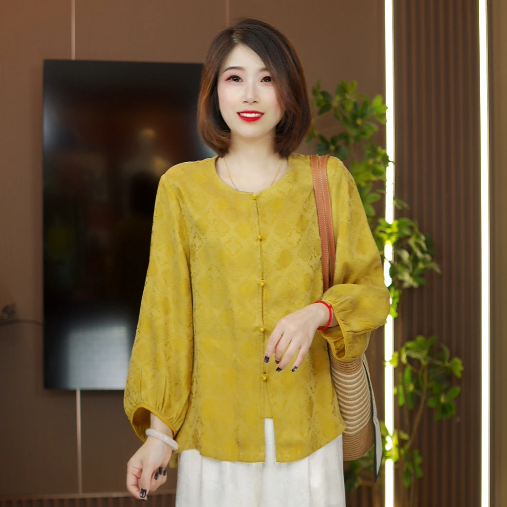 【小雅原创】（流金）新中式大王缎提花高档透气显瘦上衣长袖百搭气质
