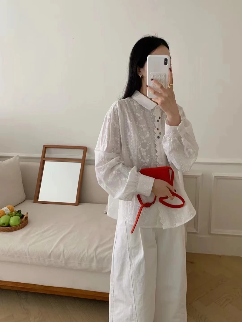 HY海燕家 【彩色纽扣春款】翻领通身刺绣 纯 棉 小衫