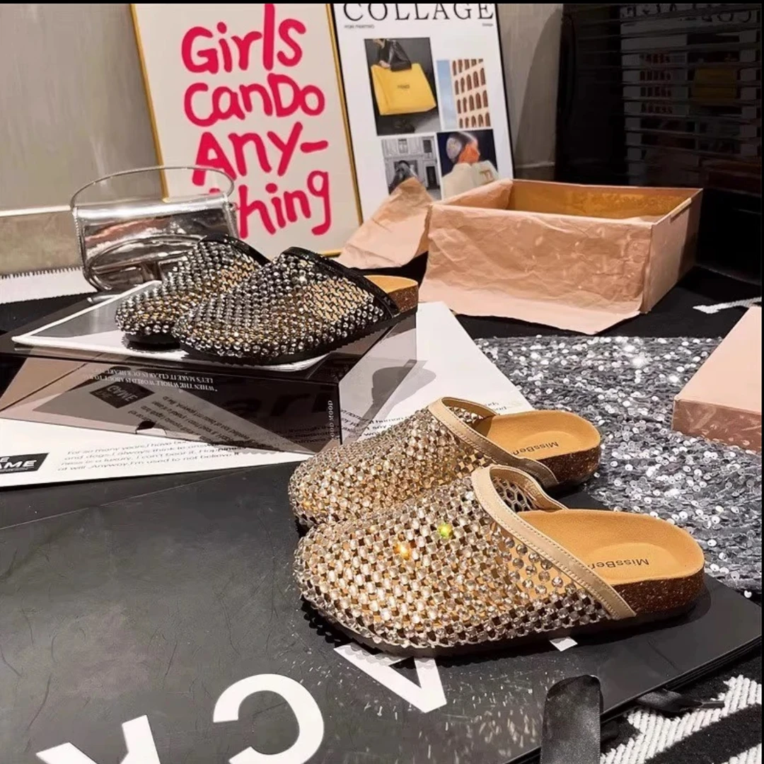 2025夏季水钻满钻透气渔网镂空外穿包头半拖鞋凉鞋平底女鞋