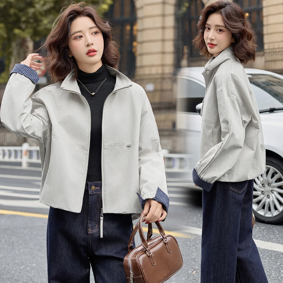 设计感格纹拼接夹克外套女2025春秋新款休闲时尚气质减龄短款上衣