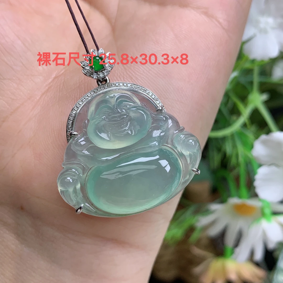缅甸天然翡翠A货玉18k高冰晴绿精品佛公吊坠爱尺寸35/30.2/8.6mm