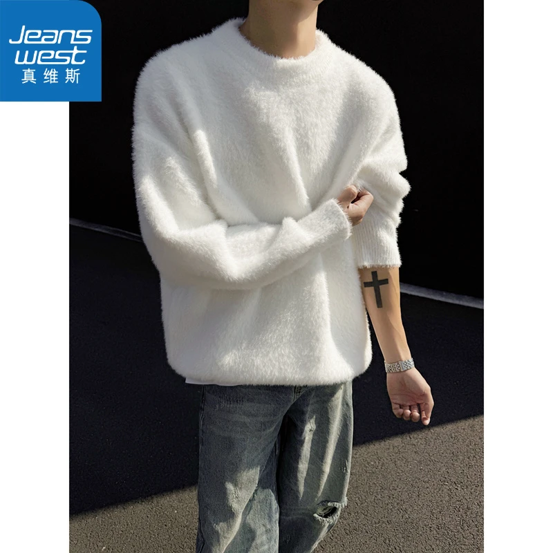 真维斯马海毛毛衣男秋冬季痞帅加厚圆领针织衫慵懒风美式宽松外套