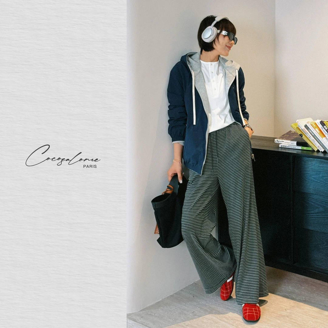 韩彬彬"条子裤"梨形天菜条纹垂坠抗皱松紧腰通勤休闲长裤2499-7