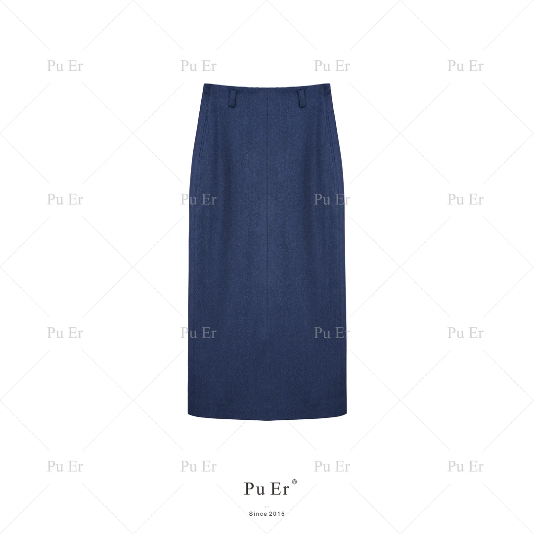 【俱乐部徽章】复古蓝调法兰绒直筒半裙
