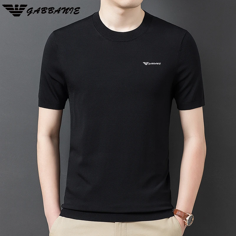 GABBANIE专柜品牌！男士春夏短袖桑蚕丝圆领柔软亲肤纯色半高领薄