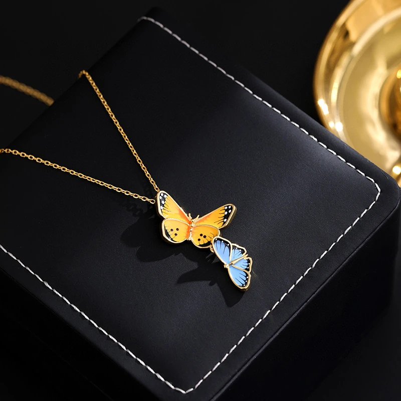 铜合金项链 《货号6721》精美多彩双蝴蝶项链（链长：41+5cm）