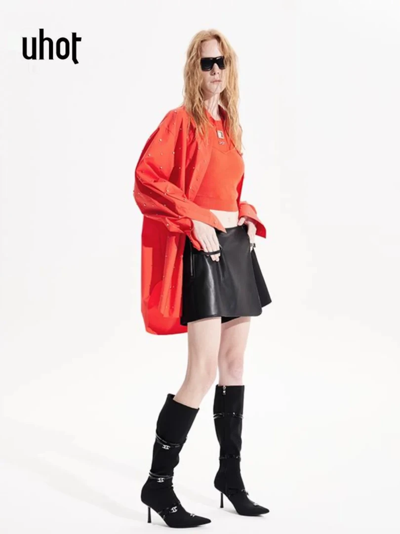 【Five】诱惑2025春夏款白/红复古怀旧高级铆钉镂空设计感长袖衬衫