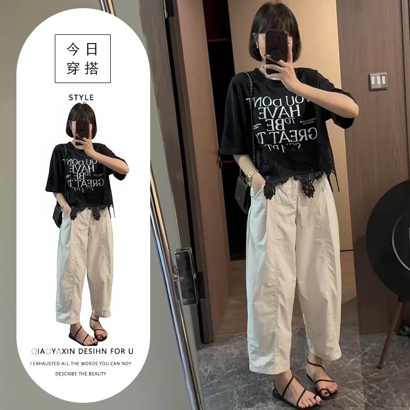 洋气炸街套装夏季蕾丝拼接上衣高腰垂感休闲裤港味别致百搭两件套