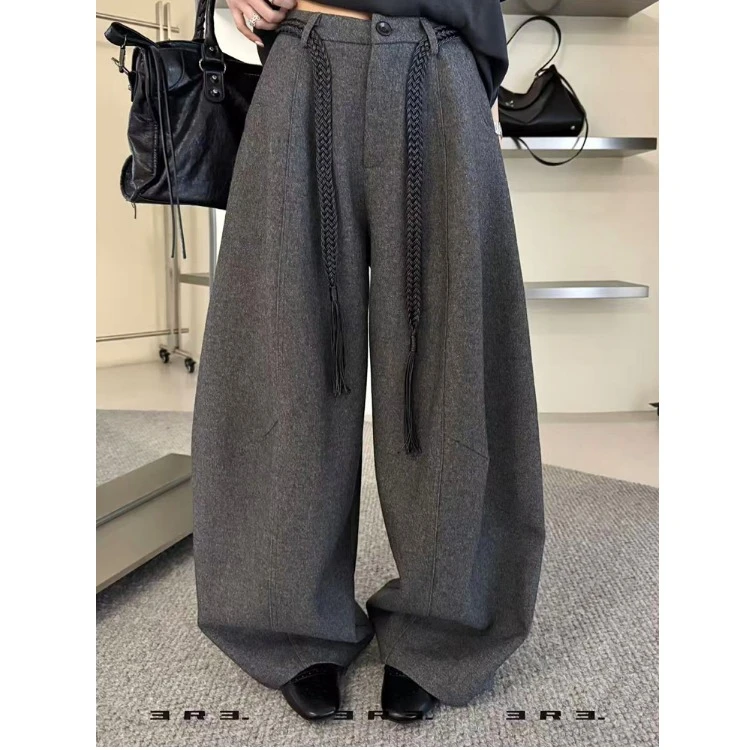 欧货轻奢麻花辫腰带灰色毛呢裤女2025秋冬高腰显瘦弯刀阔腿休闲裤