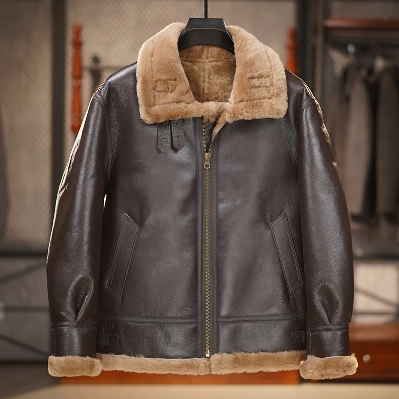 男装原生态绵羊毛翻领一体飞行服款加厚皮草大衣男士机车夹克真皮