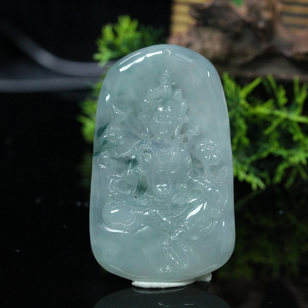 天然缅甸翡翠A货冰飘花圣洁慈光莲花观音吊坠/01027089/拍卖