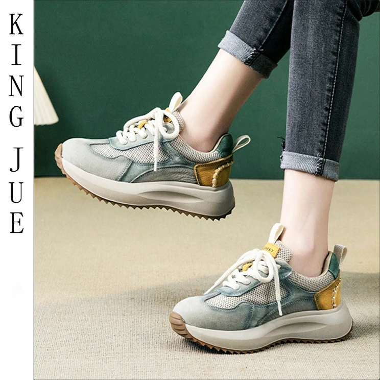 【王爵】真皮厚底防滑复古休闲风格百搭户外系带拼色半年可穿女鞋
