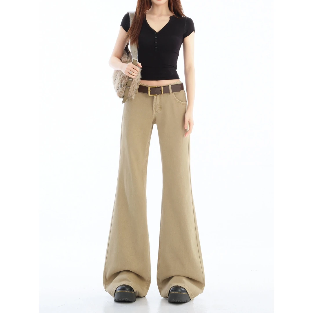 美式复古辣妹卡其色牛仔裤女2025夏季低腰拖地不贴腿微喇裤子