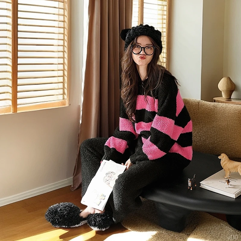 悦内睡衣女款秋冬季冬款半边绒加绒加厚珊瑚绒家居服套装套头毛绒