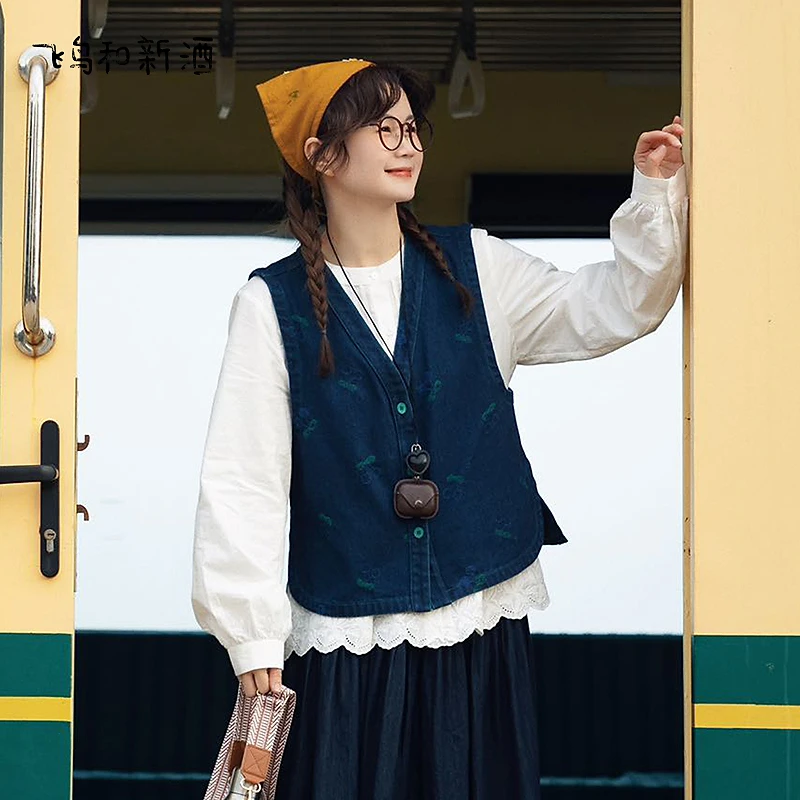 【大瑶】飞鸟和新酒V领绣花无袖短款牛仔外套FD510113007