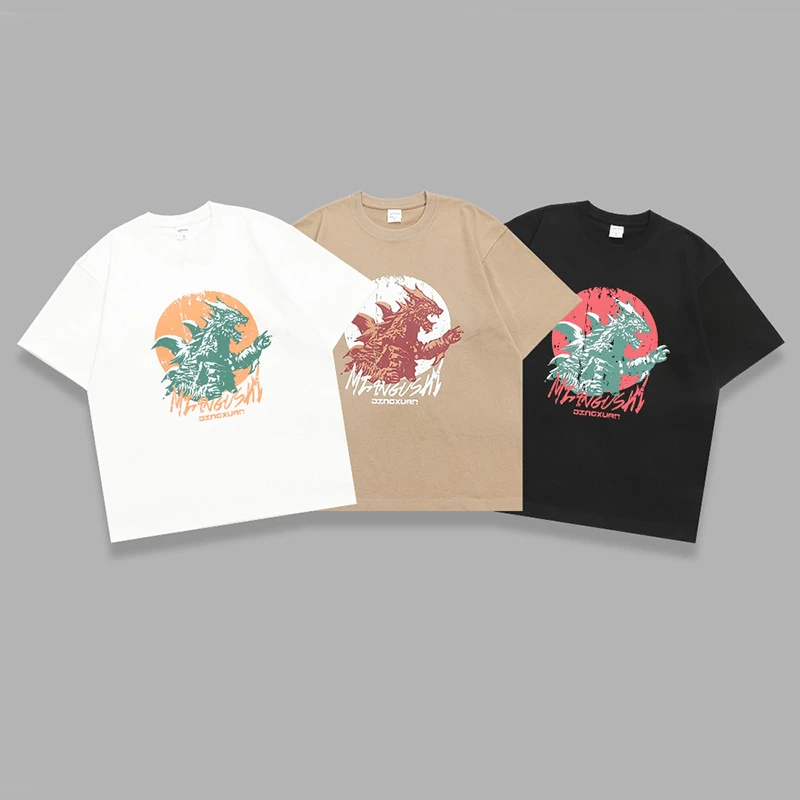 美式水洗复古重磅320克纯棉套头卡通怪兽胶浆印花宽松半袖情侣T恤