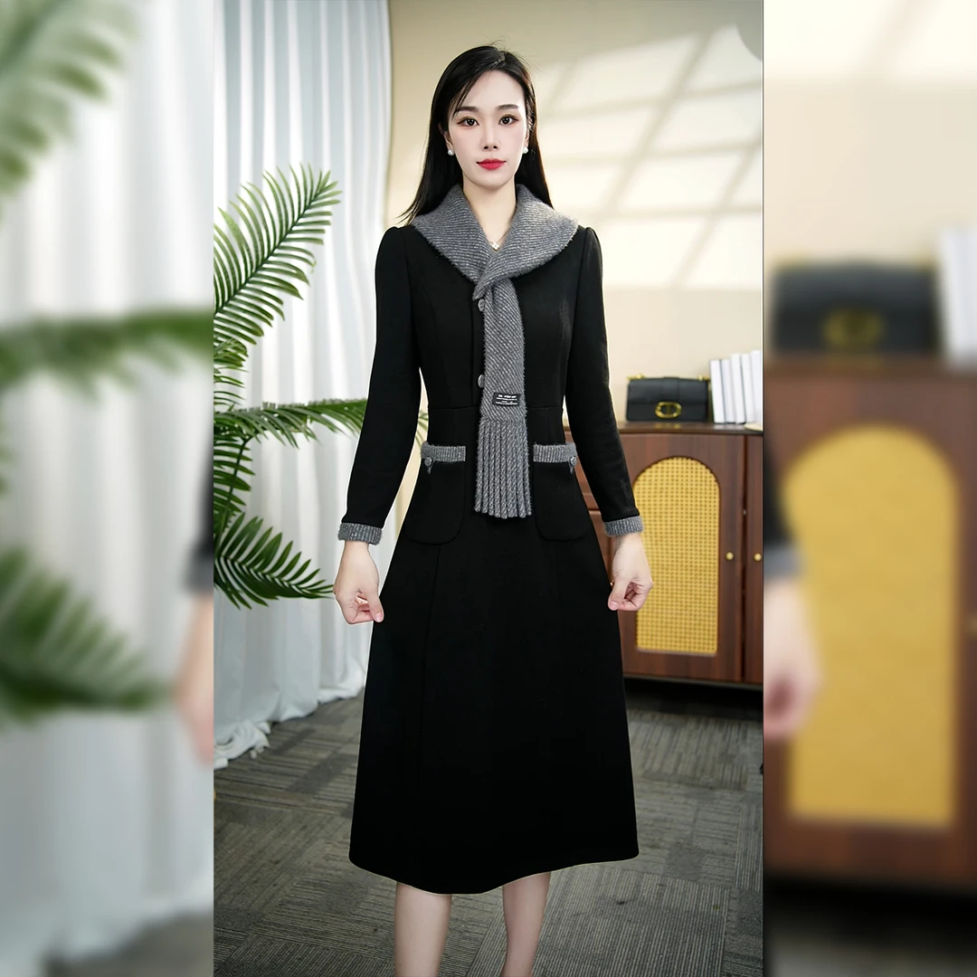 【美依女装】WT181秋季新款裙子围巾领显瘦简单大方中长款连衣裙