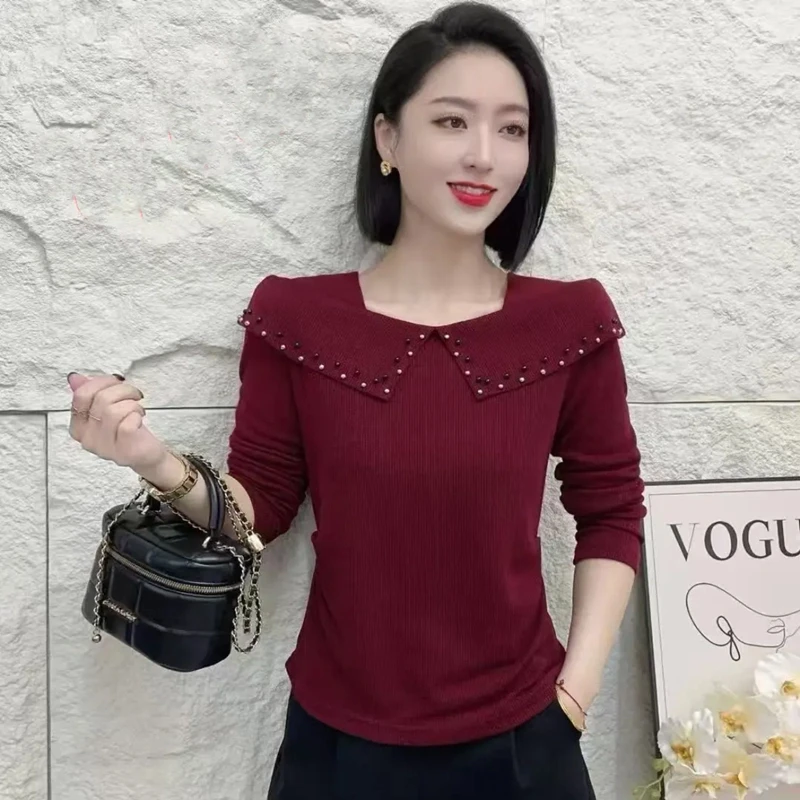 春装新款2025钉珠时尚纯色洋气气质T恤显瘦百搭打底长袖女士上衣