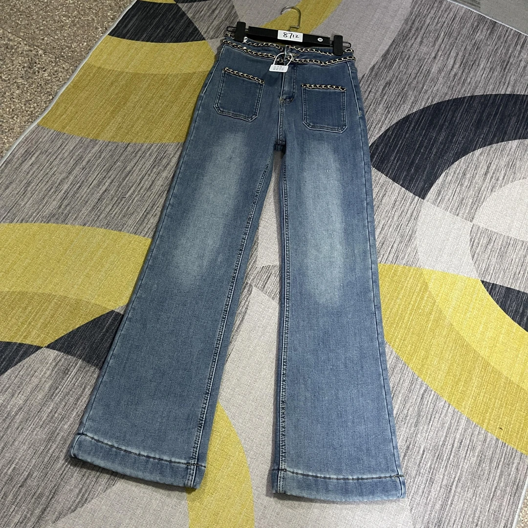 8712-B3 蓝色腰链款不贴腿喇叭裤 高棉高弹（不退换)