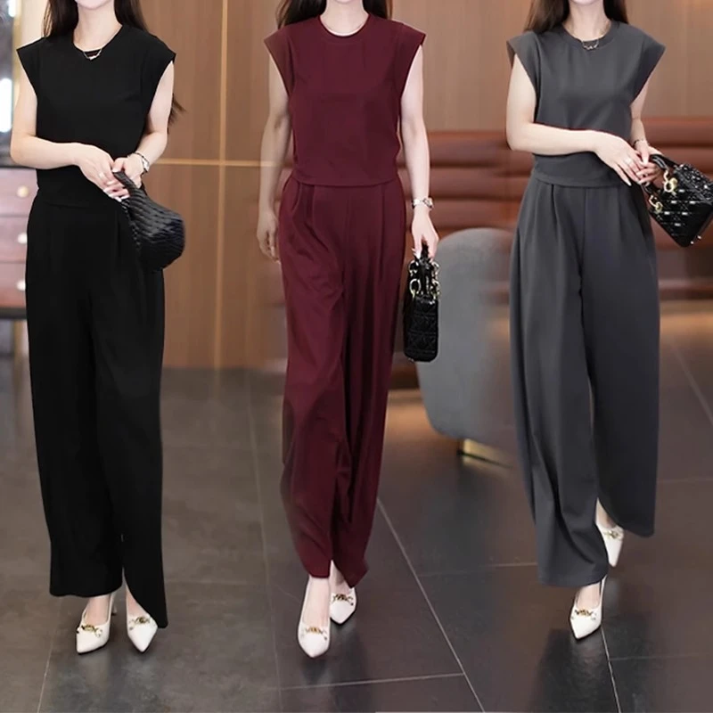 拉夏贝尔高级感薄款垂感无袖上衣阔腿裤两件套女夏季新款减龄套装