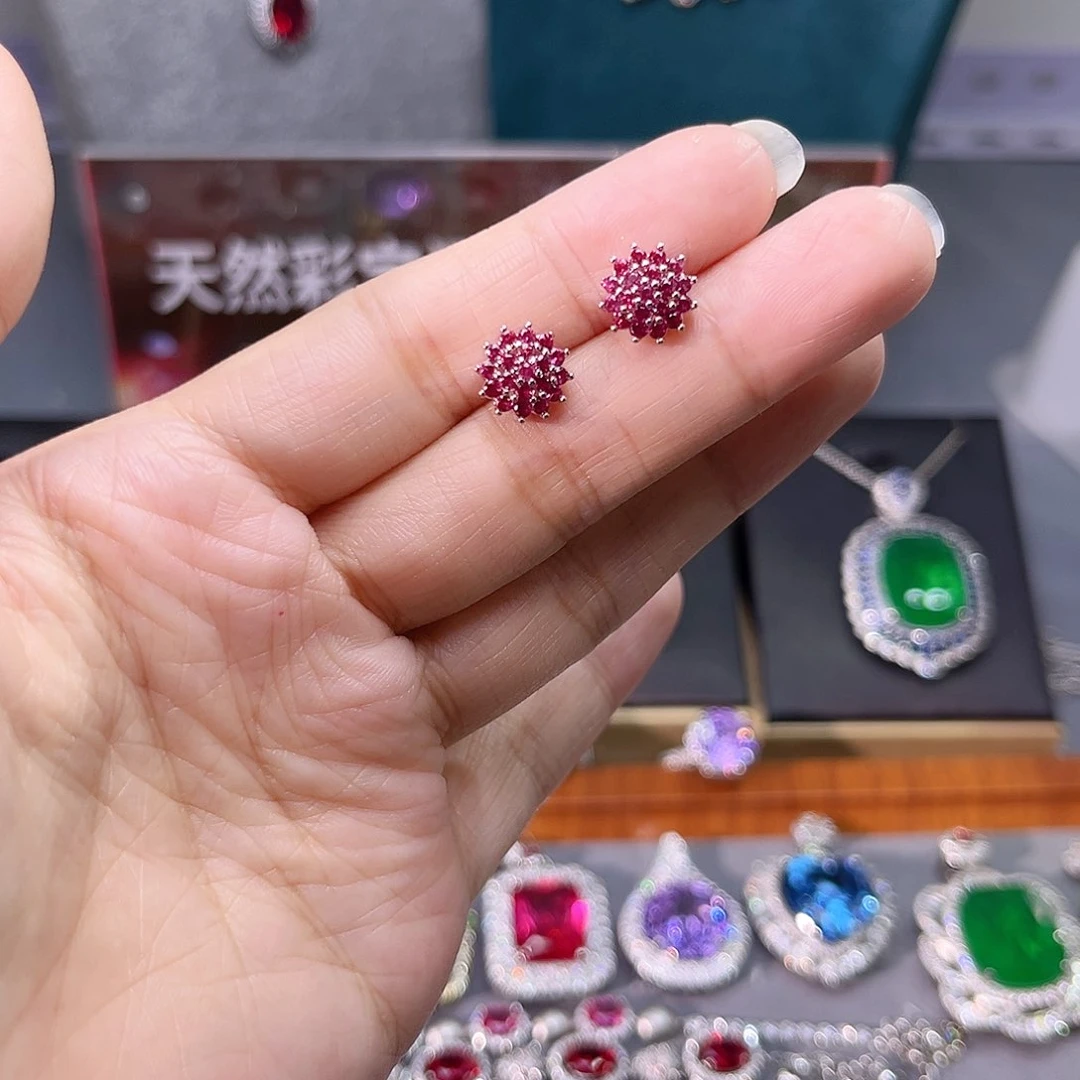 银S925镶嵌耳饰红宝石193
