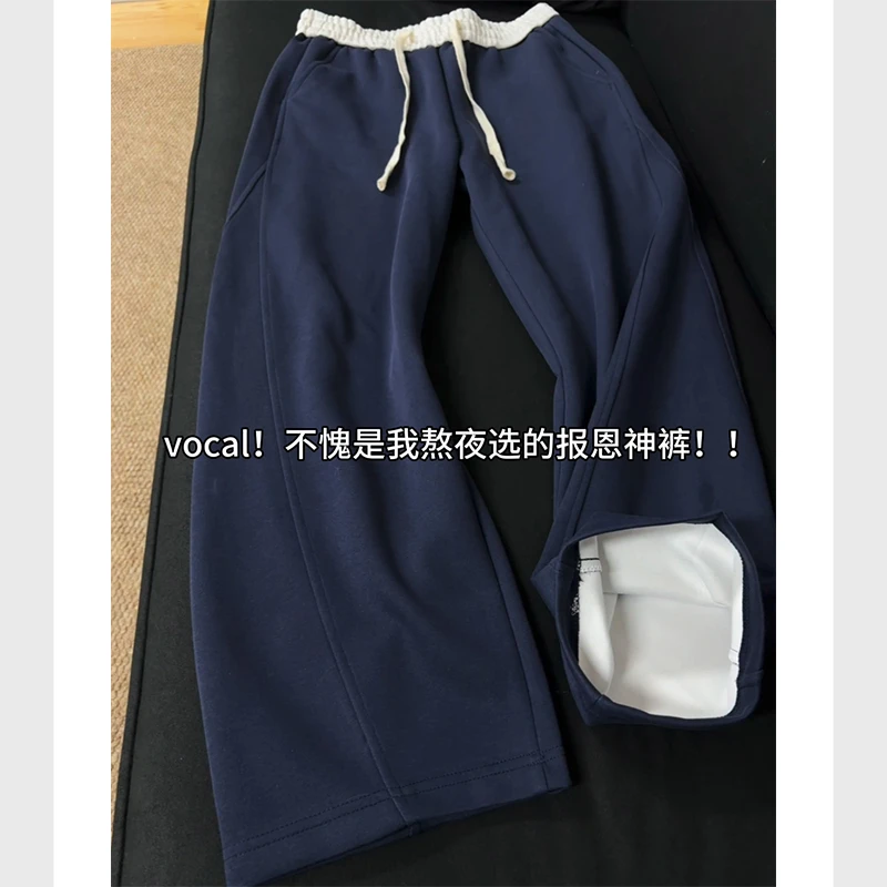 藏青色斜切弯刀裤子男款潮牌美式复古运动卫裤宽松直筒休闲长裤