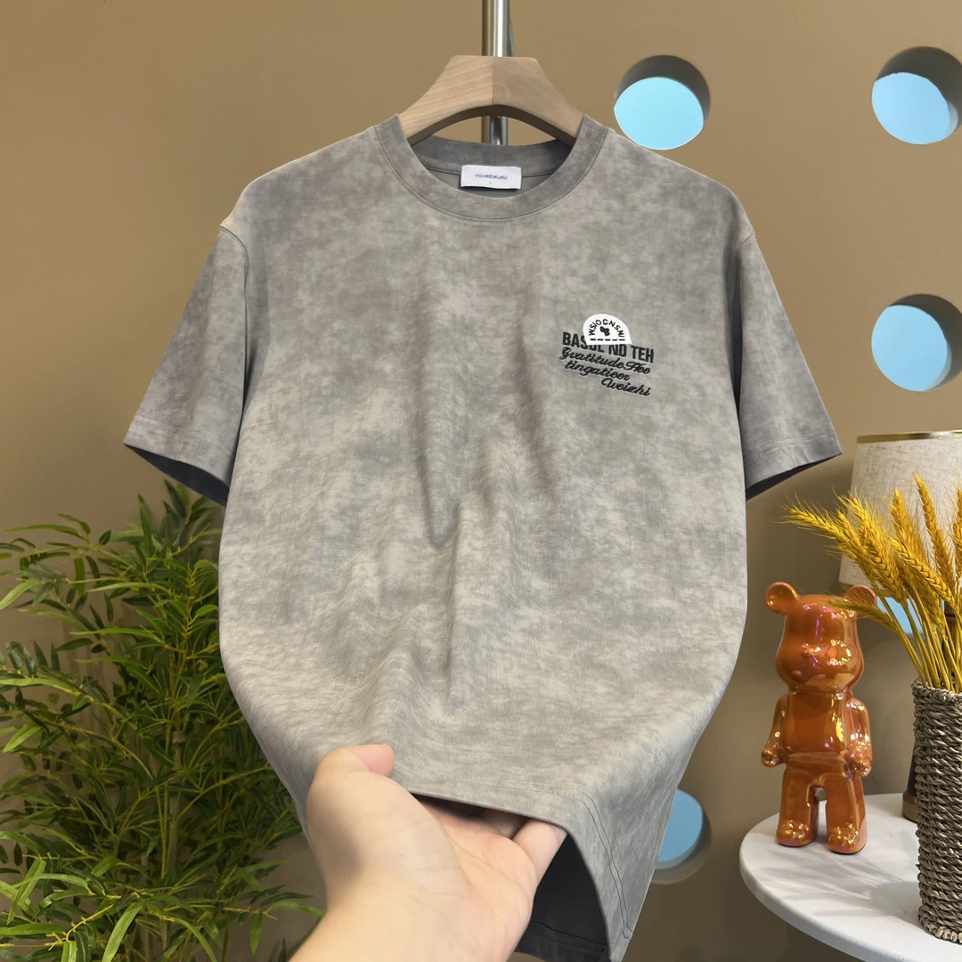 男士2025夏季重工刺绣潮款T恤男休闲时尚扎染修身宽松圆领短袖