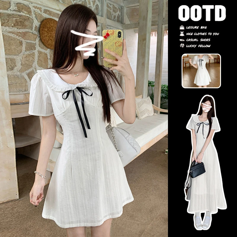 法式白色蝴蝶结连衣裙子女夏季2025新款爆款漂亮独特穿搭收腰长裙