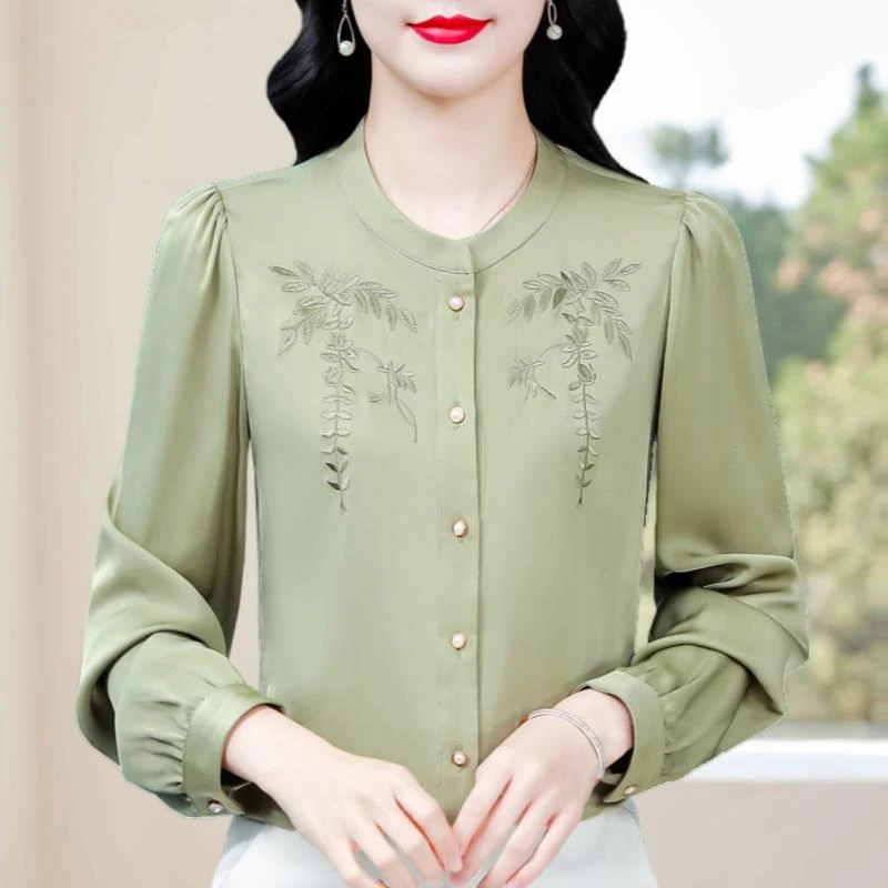 杭州高端大牌真丝衬衫女士洋气长袖小衫时尚刺绣妈妈装桑蚕丝上衣