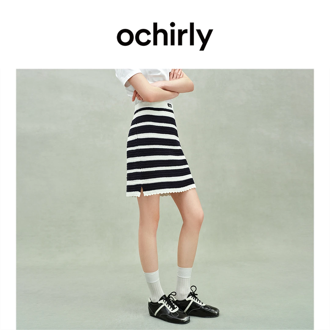 OCHIRLY欧时力高捻棉香风条纹针织半身裙短裙航海系度假裙2025春