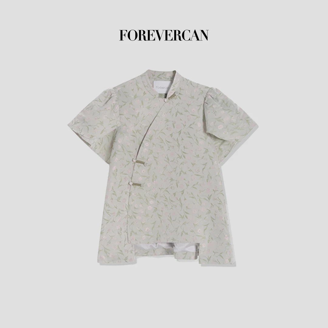 FOREVERCAN“青青子衿”新中式国风提花泡泡袖斜襟上衣 ST21480B