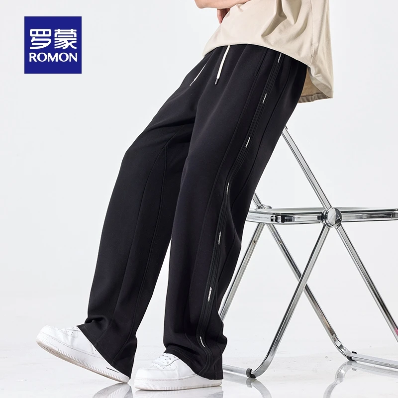 罗蒙男士抗皱透气休闲裤2025夏季薄款松紧腰抽绳直筒裤微弹长裤男