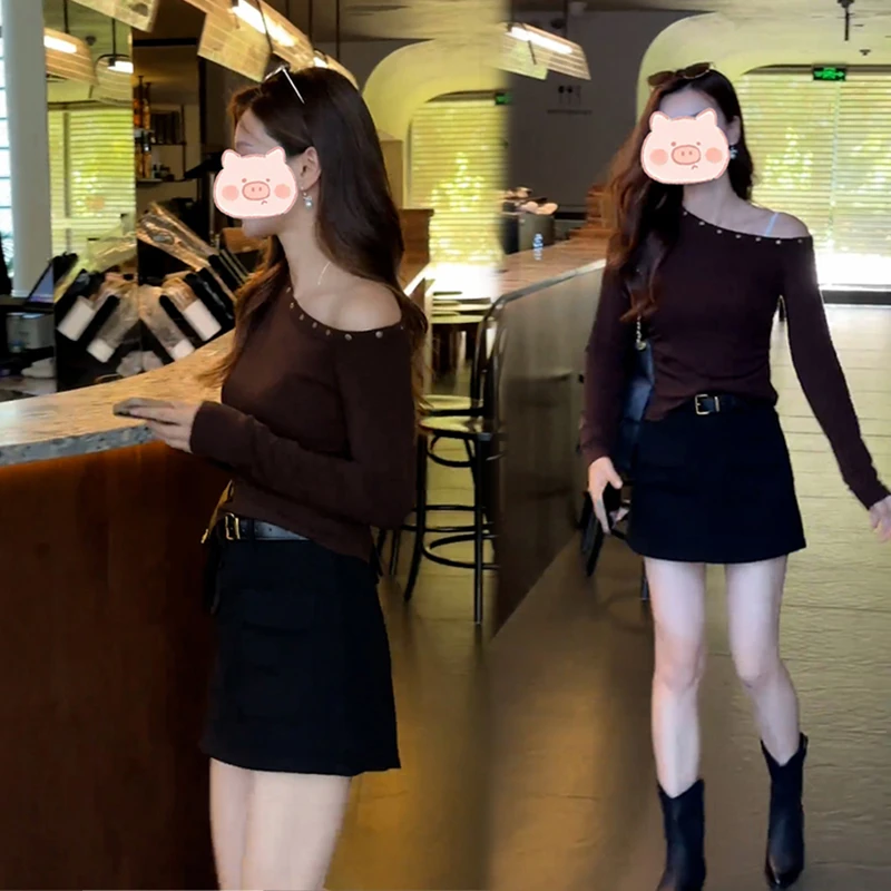 2025秋季新款韩版气质斜肩褶皱设计感铆钉辣妹修身长袖T恤+裙裤女