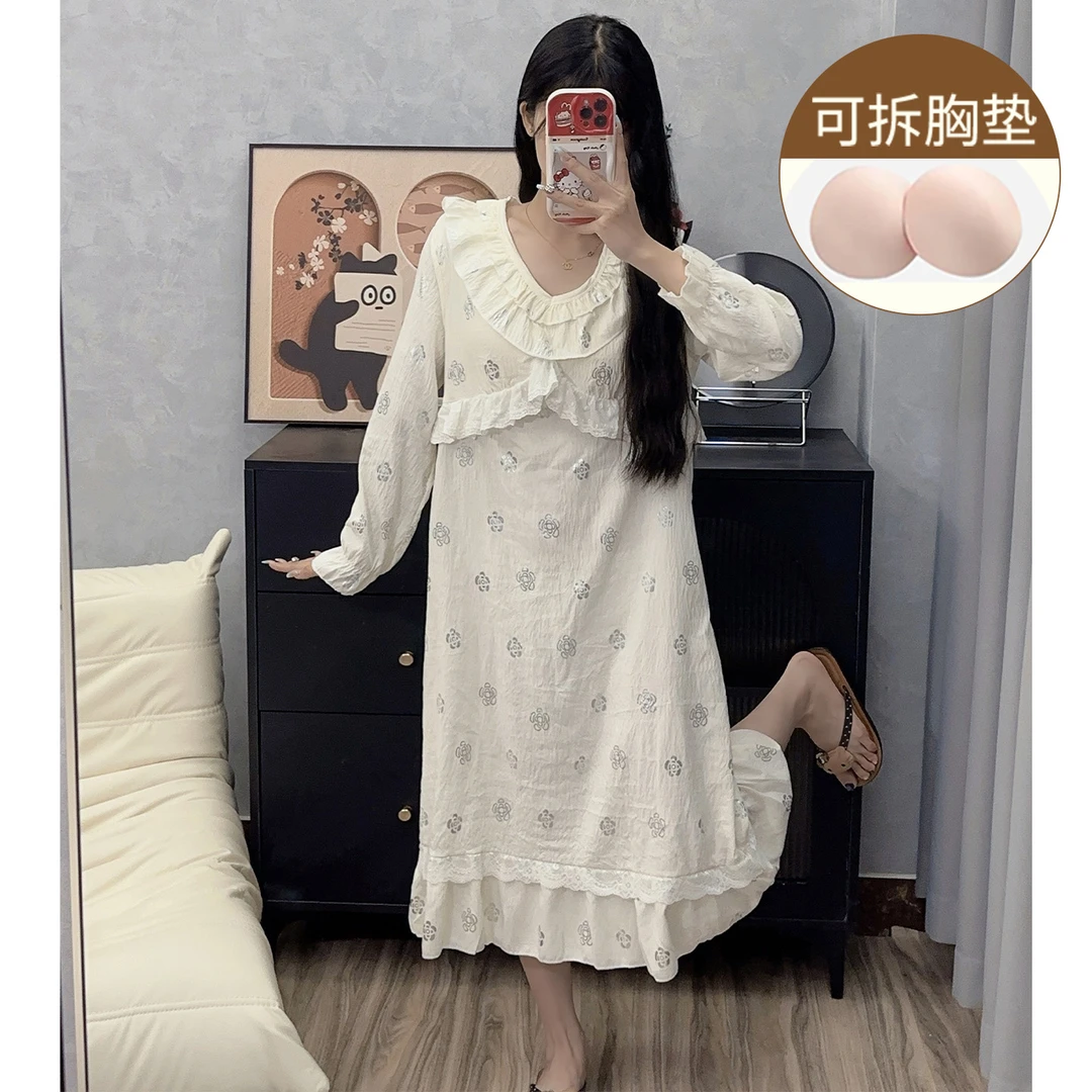带胸垫睡衣女2025新款甜美公主风少女连衣睡裙春秋季长袖家居服
