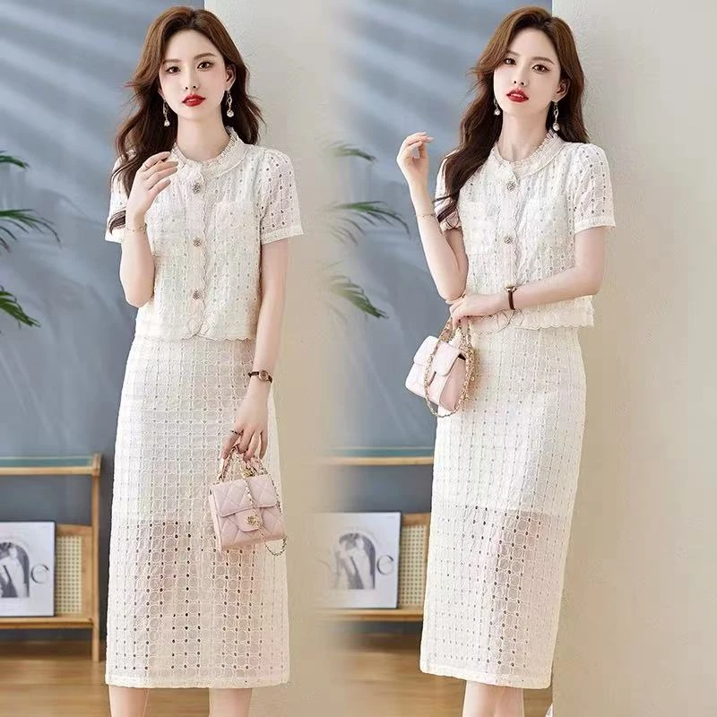 【慕妍专属】25885衣长50裙长73）莱赛尔天丝小香风蕾丝套装裙两件套